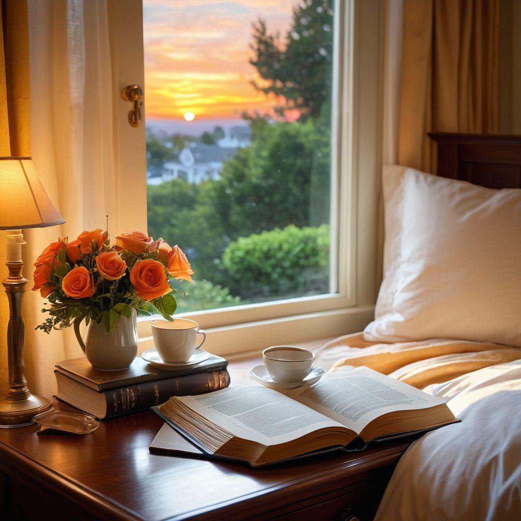 A cozy and inviting scene at the Crocker Inn, featuring a beautifully decorated room with warm lighting, plush bedding, and personal touches like fresh flowers and local artwork. Outside the window, lush greenery and a clear blue sky set a relaxing atmosphere, while an open book and a cup of steaming tea invite you to unwind. Include a subtle reflection of a sunset in the window for a magical touch. super-realistic. vibrant colors. warm tones.