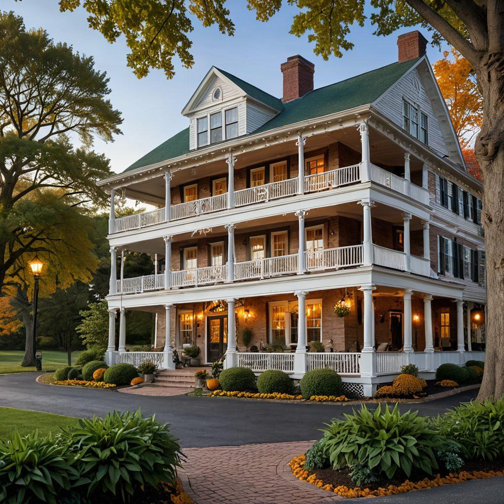 An inviting historic inn nestled in a lush green landscape, highlighting cozy accommodations with warm lighting and vintage decor. Include travelers enjoying a scenic porch view, and local attractions like charming shops and natural beauty in the background. Add a touch of nostalgia with soft autumn foliage and welcoming details like a vintage sign. super-realistic. vibrant colors. peaceful atmosphere.