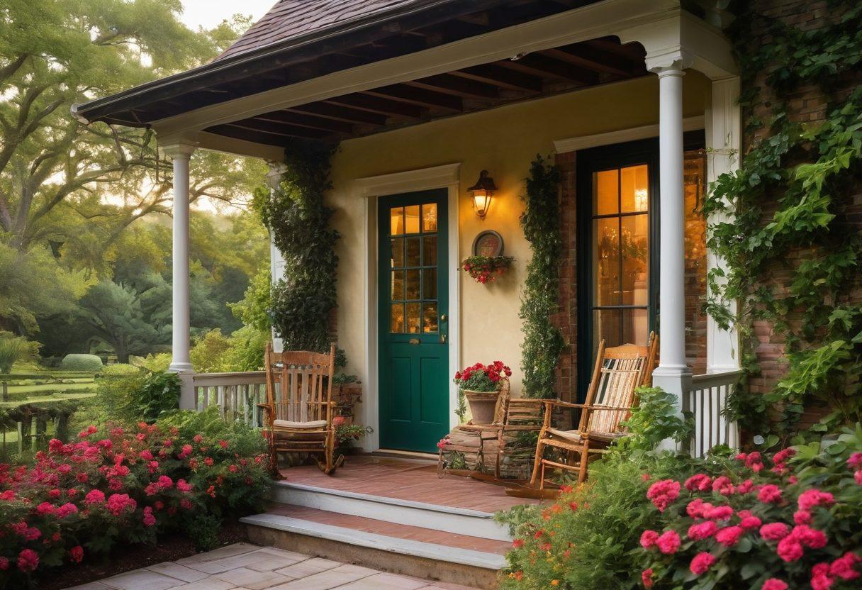 A cozy, charming historic inn nestled in a lush garden, with ivy-covered walls and blooming flowers. Guests relaxing on a porch with vintage rocking chairs, the sun setting in the background, casting a warm glow. An inviting atmosphere with soft lighting and a welcoming door. The scene conveys relaxation and discovery, capturing the essence of a perfect stay. super-realistic. vibrant colors. soft lighting.